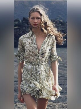 Zara Tie-Waist Shirt Dress in Olive Cream | New without Tags